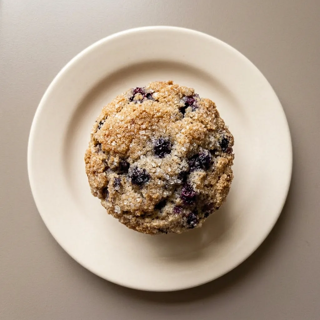 Ready to serve: a muffin with a cracked top revealing blueberries, sprinkled with turbinado sugar, accompanied by a swirl of sour cream.