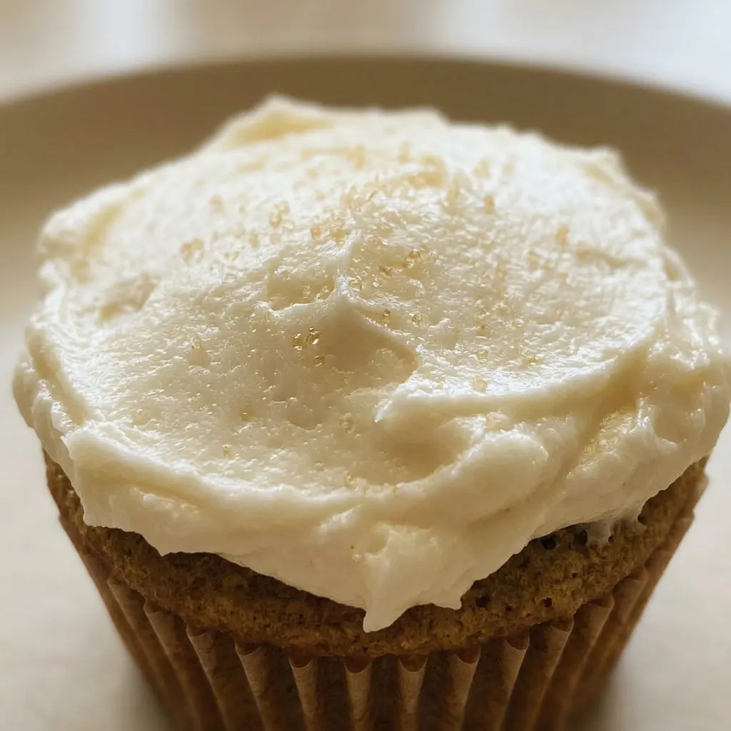Zoomed in on a single cupcake with a smooth, domed buttercream swirl and a visible crumb texture.