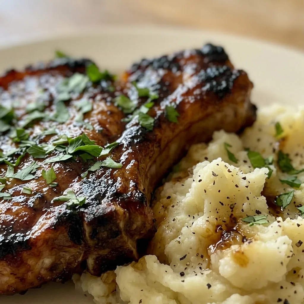 Close view of a pork chop with a glossy brown sugar and butter glaze, visible apple cider vinegar tang, and spice flecks.
