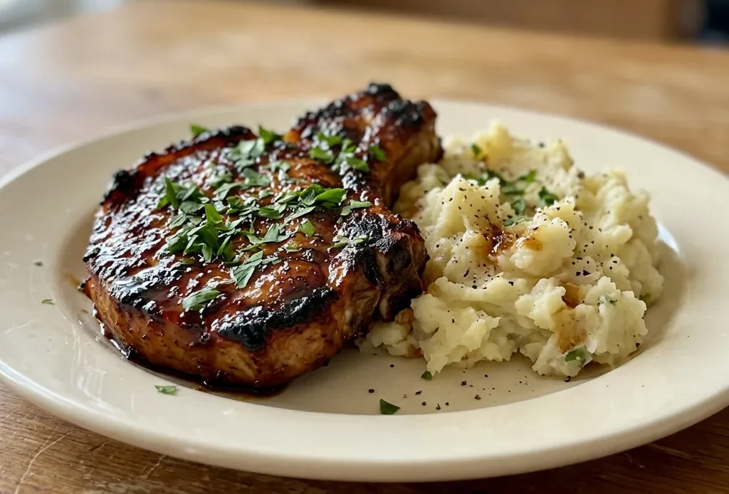 Overhead shot of two pork chops glazed with brown sugar and butter, sprinkled with smoked paprika and garlic powder.