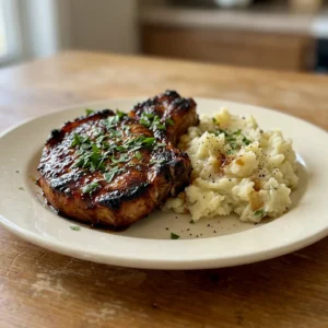 Overhead shot of two pork chops glazed with brown sugar and butter, sprinkled with smoked paprika and garlic powder.