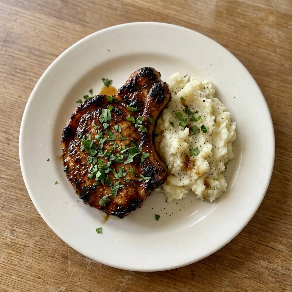 Plated pork chop with a caramelized brown sugar and butter coating, seasoned with smoked paprika and garlic powder.