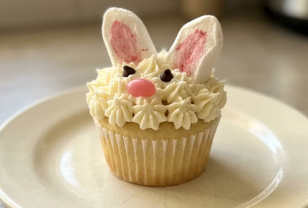 Top-down look at a bunny cupcake with marshmallow ears, coconut fur, and chocolate chip eyes.