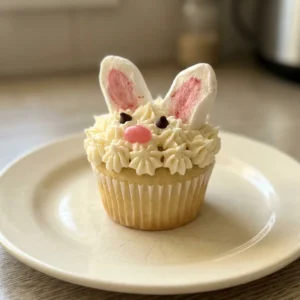 Top-down look at a bunny cupcake with marshmallow ears, coconut fur, and chocolate chip eyes.