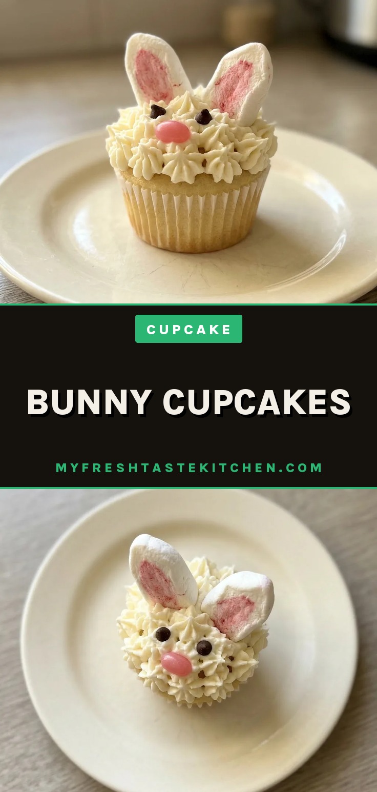 Top-down look at a bunny cupcake with marshmallow ears, coconut fur, and chocolate chip eyes.