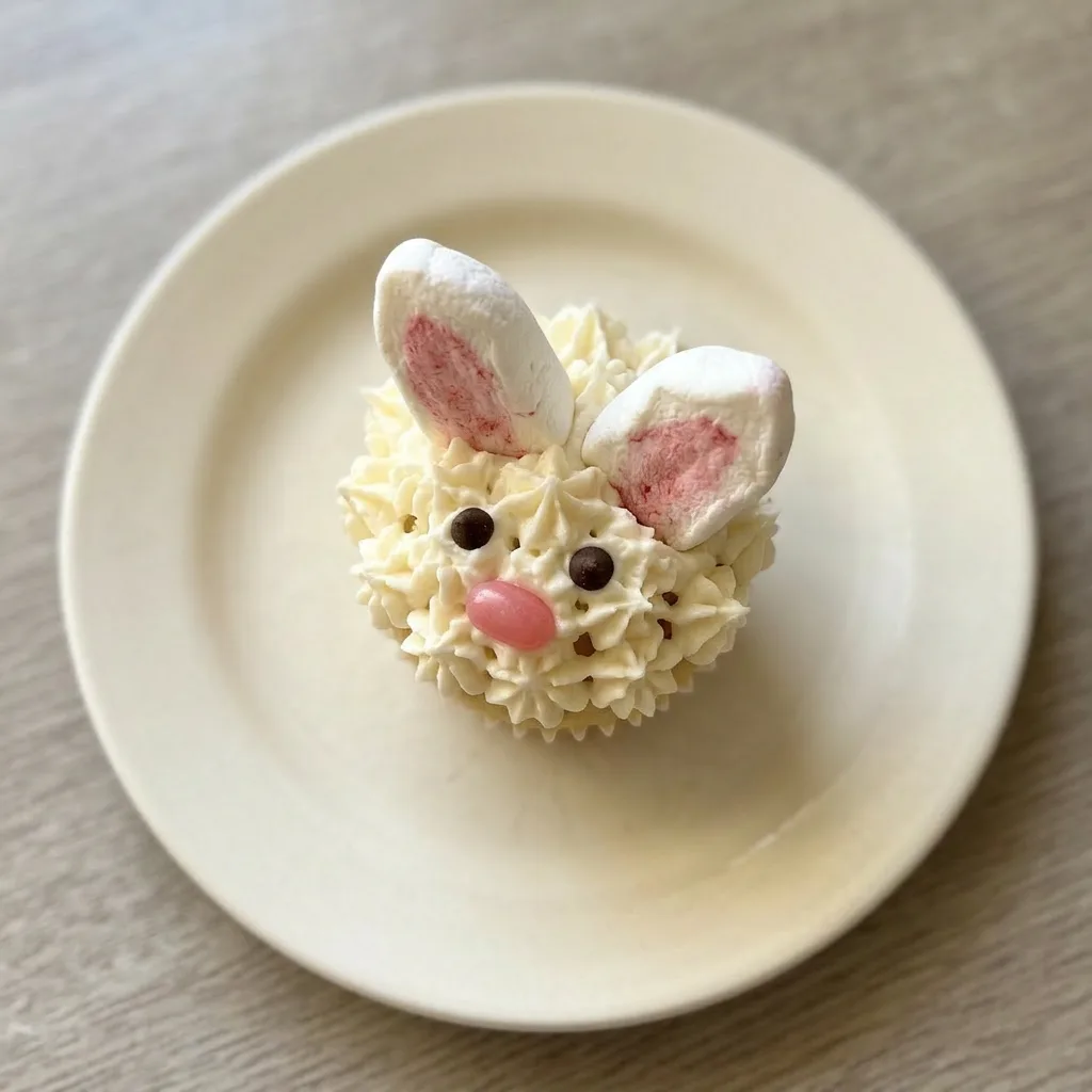 A serving of a bunny cupcake topped with marshmallow ears, coconut flakes, and chocolate chips.