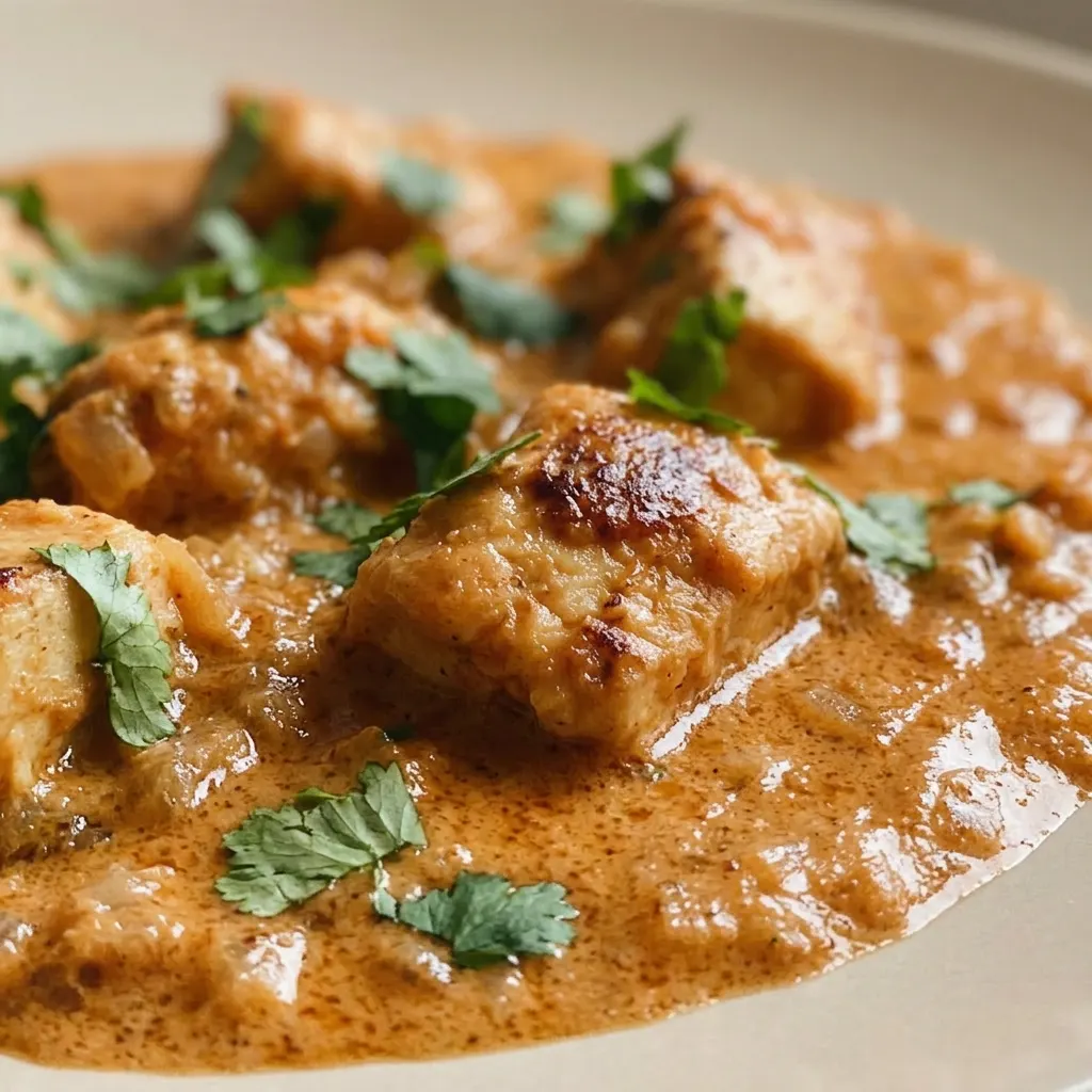 Up close, a piece of chicken coated in rich tomato-cream sauce with visible butter sheen, sprinkled with dried fenugreek leaves.