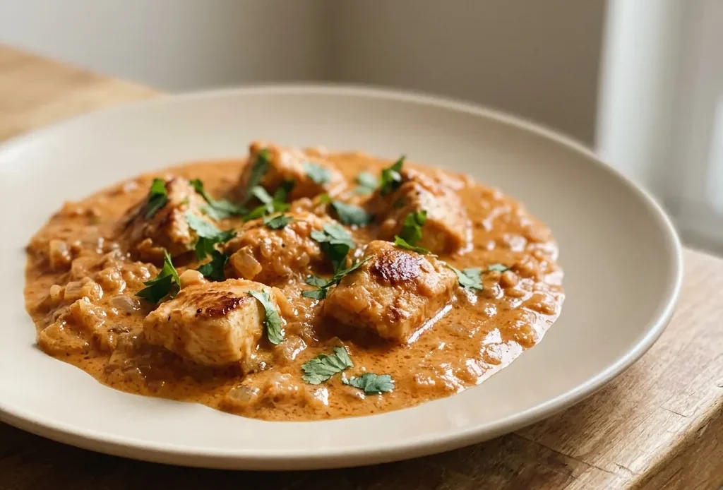 Looking down at a creamy orange butter chicken dish with chunks of chicken in tomato sauce, topped with a swirl of cream and fenugreek leaves.