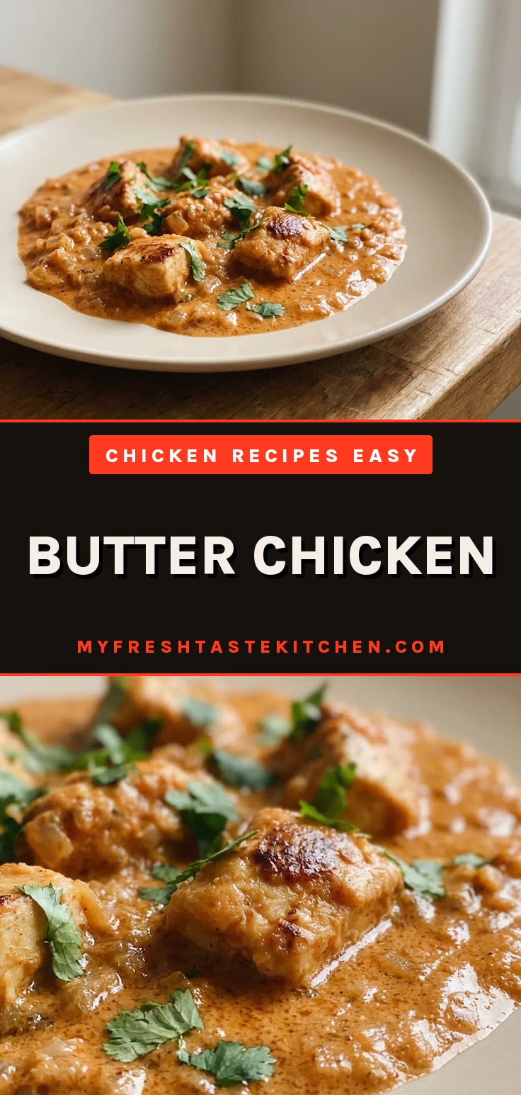 Looking down at a creamy orange butter chicken dish with chunks of chicken in tomato sauce, topped with a swirl of cream and fenugreek leaves.
