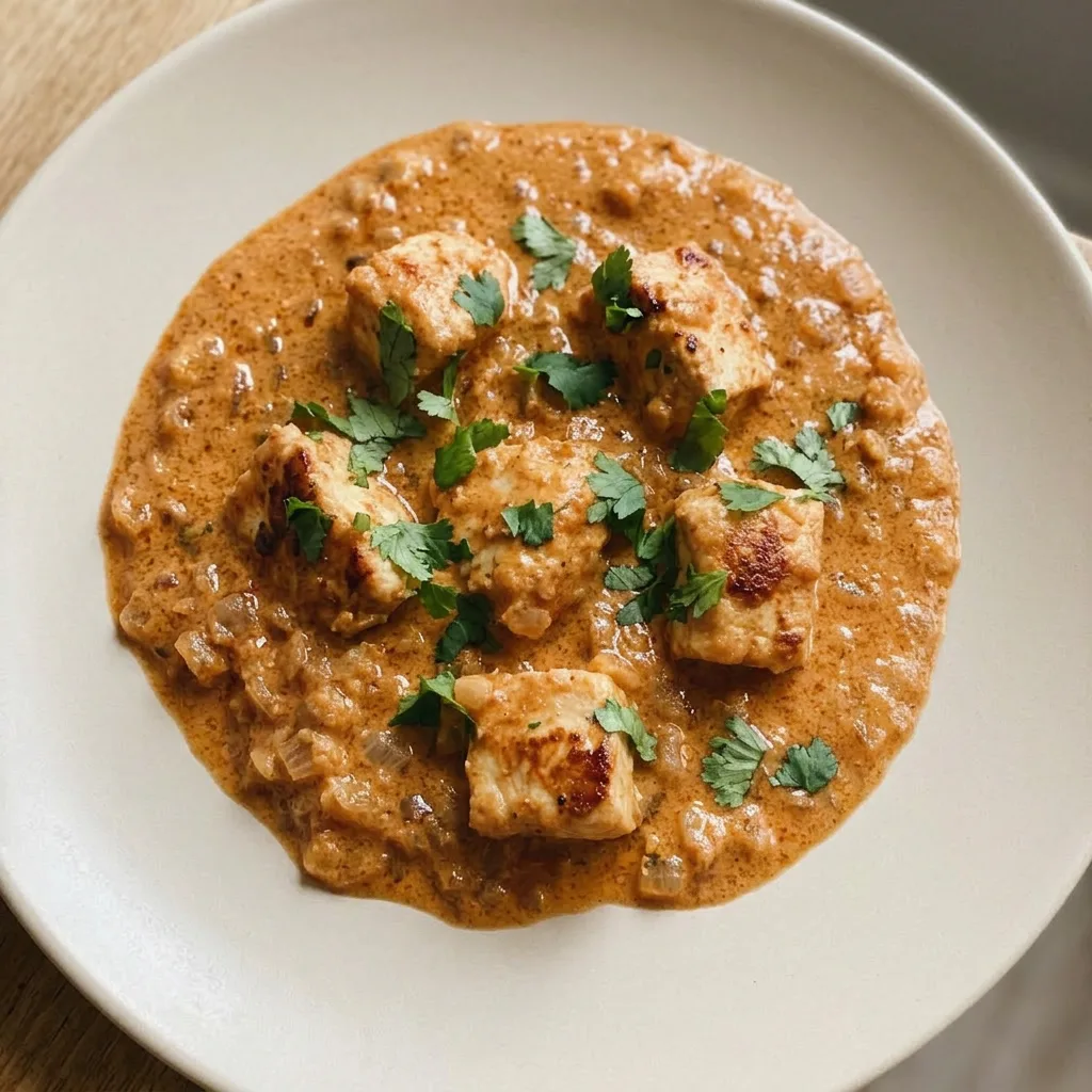 A plate of butter chicken with chicken pieces in a smooth tomato and cream sauce, garnished with fenugreek leaves and a butter pat.