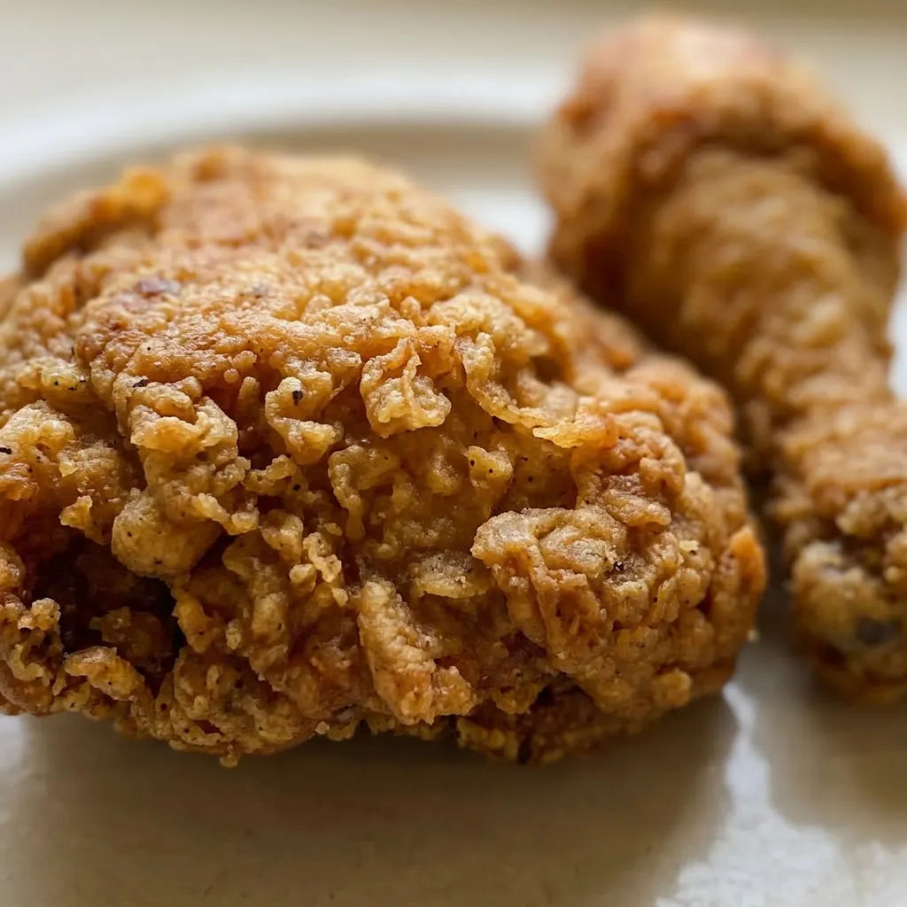 Up close, a chicken thigh with a crunchy, dark orange crust, showing flecks of garlic powder and paprika, and a hint of buttermilk tang.