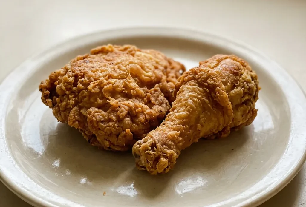 Looking down at golden fried chicken pieces with a crispy, speckled coating, some with visible paprika and cayenne, arranged on a flat surface.