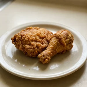 Looking down at golden fried chicken pieces with a crispy, speckled coating, some with visible paprika and cayenne, arranged on a flat surface.