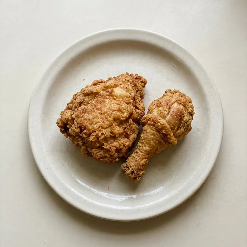 A plate of buttermilk fried chicken, with drumsticks and breasts, coated in a seasoned flour blend featuring paprika and cayenne, served hot.