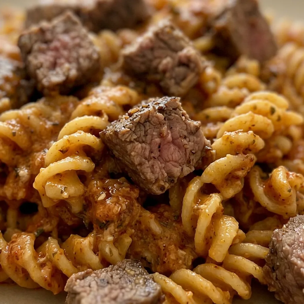 Macro detail of a sirloin steak bite with butter glaze and twisted pasta coated in creamy Cajun Alfredo sauce.