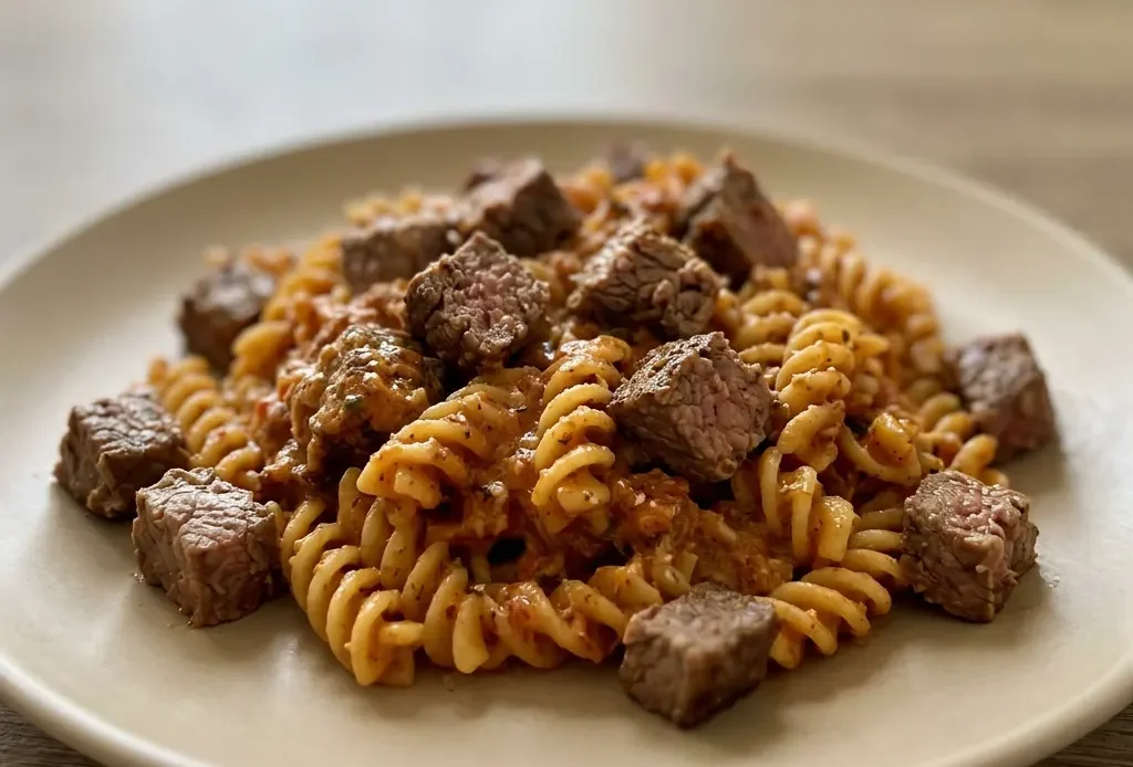 Top-down look at creamy garlic butter steak bites and twisted pasta with Cajun Alfredo sauce, garnished with Parmesan.