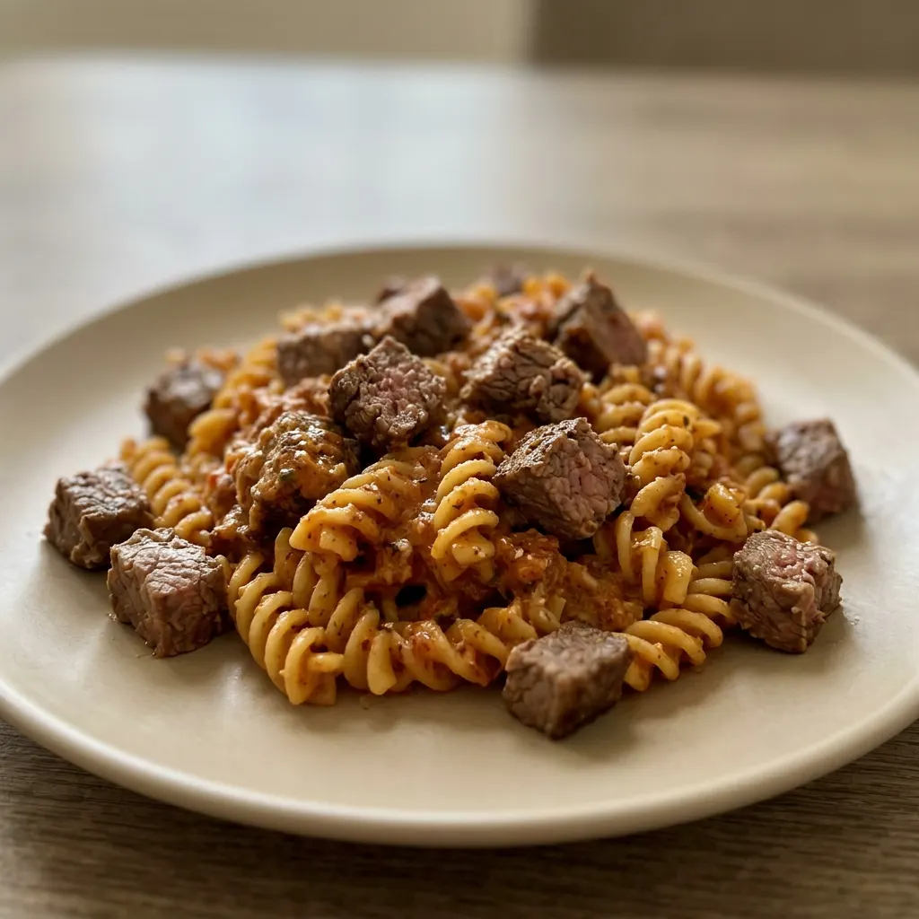 Top-down look at creamy garlic butter steak bites and twisted pasta with Cajun Alfredo sauce, garnished with Parmesan.