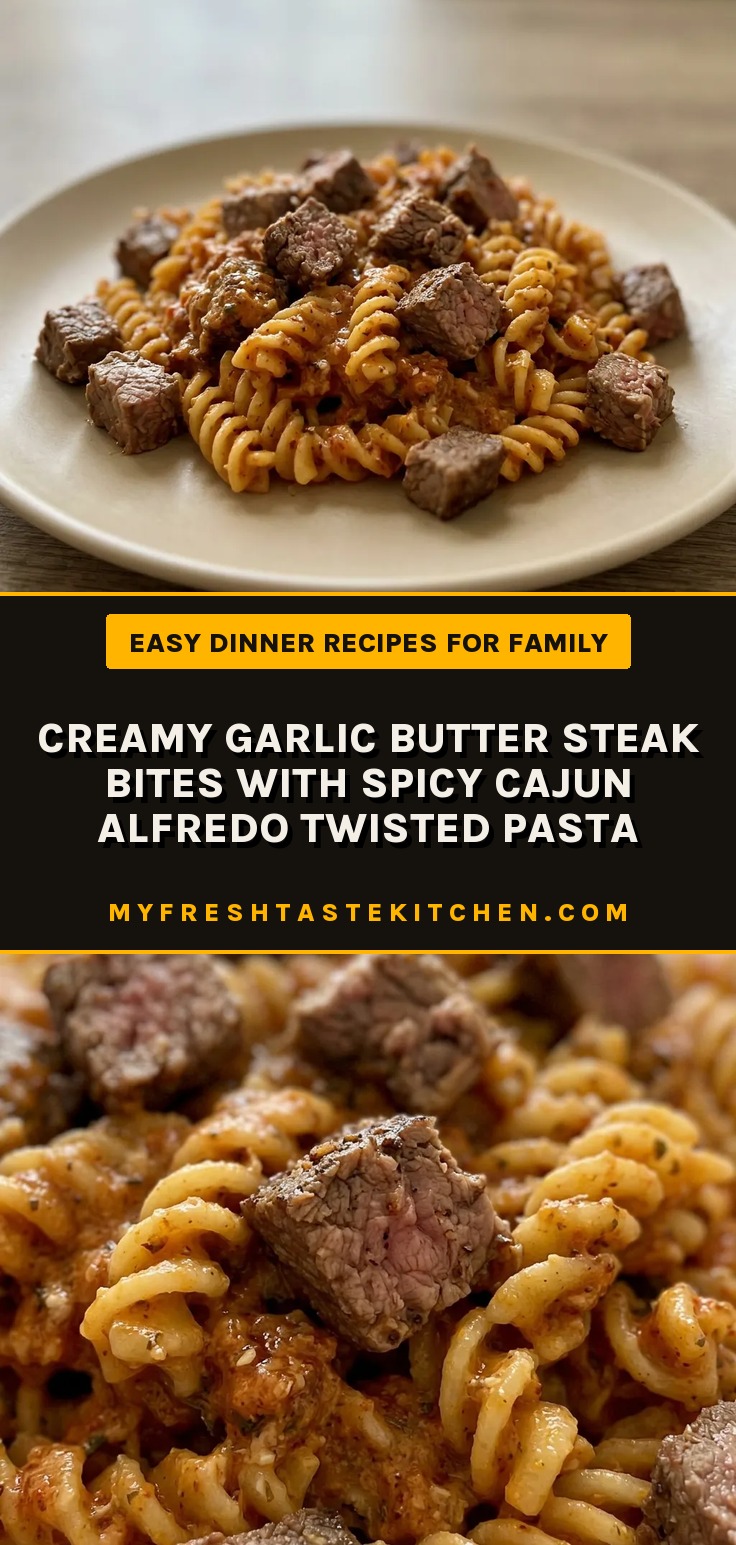 Top-down look at creamy garlic butter steak bites and twisted pasta with Cajun Alfredo sauce, garnished with Parmesan.