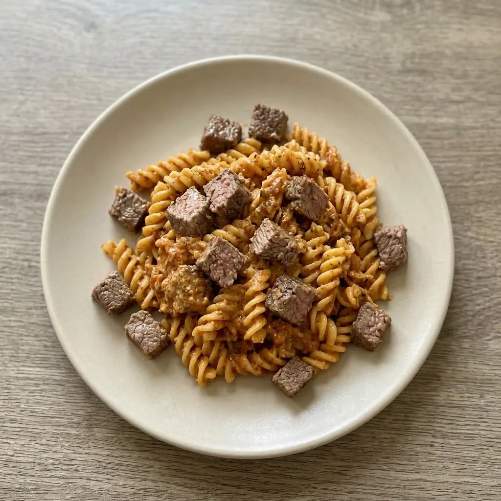 A serving of steak bites and twisted pasta in spicy Cajun Alfredo sauce, topped with Parmesan cheese.