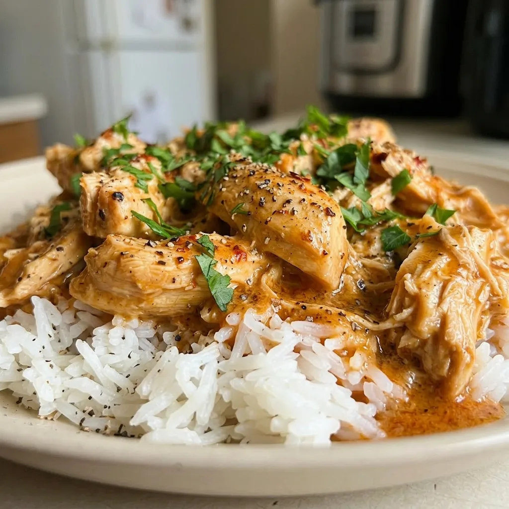 Zoomed in on a forkful of chicken and rice coated in creamy orange sauce with visible spice flecks.
