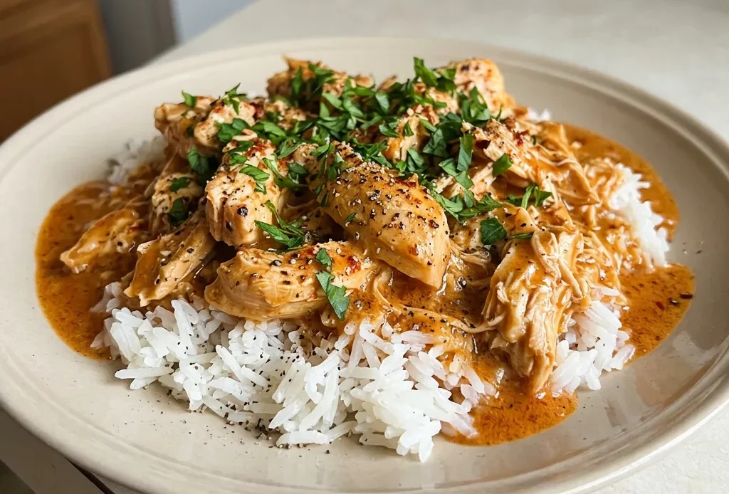 Bird's-eye view of a white bowl of Cajun butter chicken with rice, topped with parsley.