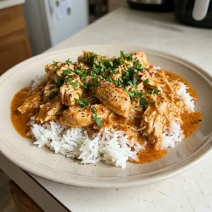 Bird's-eye view of a white bowl of Cajun butter chicken with rice, topped with parsley.