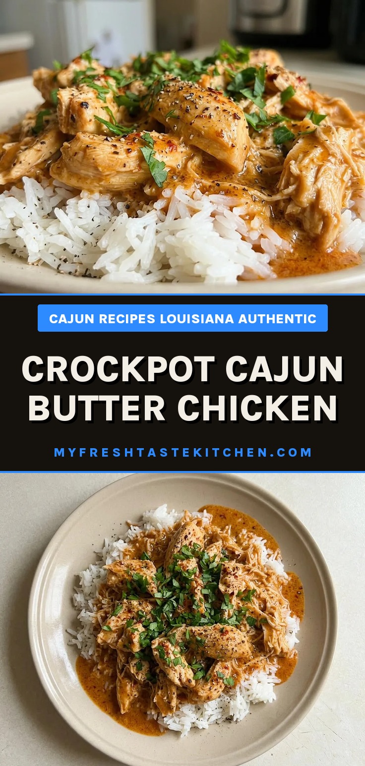 Bird's-eye view of a white bowl of Cajun butter chicken with rice, topped with parsley.