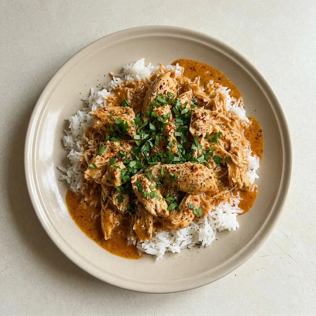 Ready to serve: a bowl of chicken pieces and rice in a creamy Cajun butter sauce, garnished with parsley.