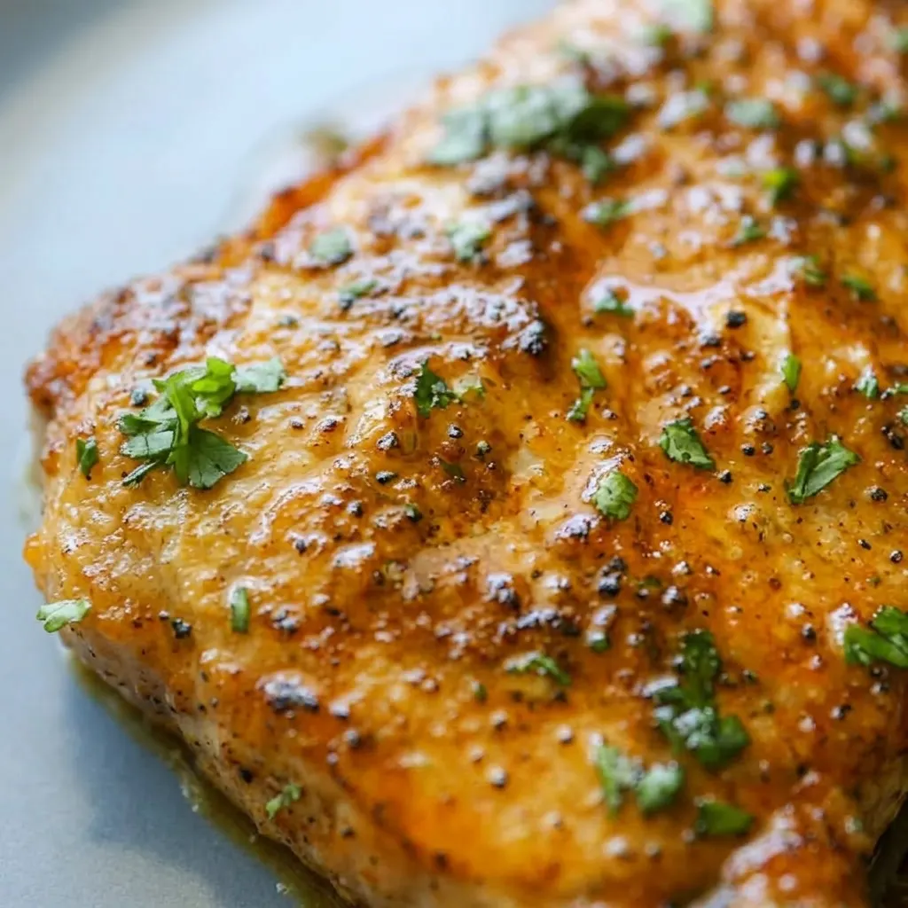 Up close, a seared pork chop with a pat of butter melting over it, a lemon wedge, and visible Cajun spices.