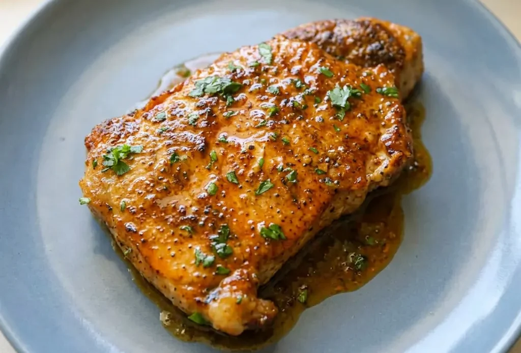 Looking down at two pork chops topped with lemon slices and melted butter, sprinkled with Cajun seasoning.