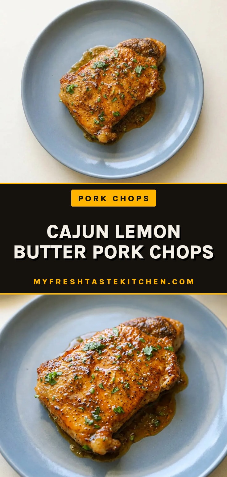 Looking down at two pork chops topped with lemon slices and melted butter, sprinkled with Cajun seasoning.