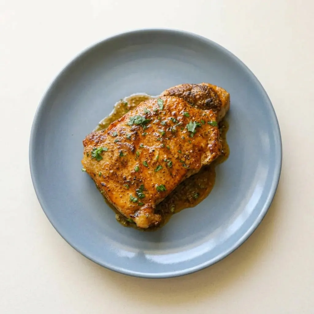 A plate of lemon butter pork chops garnished with fresh lemon slices and a dusting of Cajun seasoning.