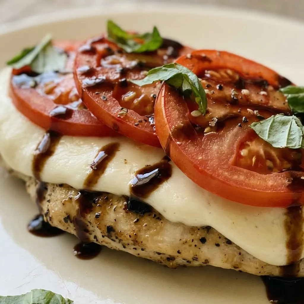 Close view of a chicken breast layered with fresh mozzarella, tomato, and basil, with balsamic glaze visible on the cheese.