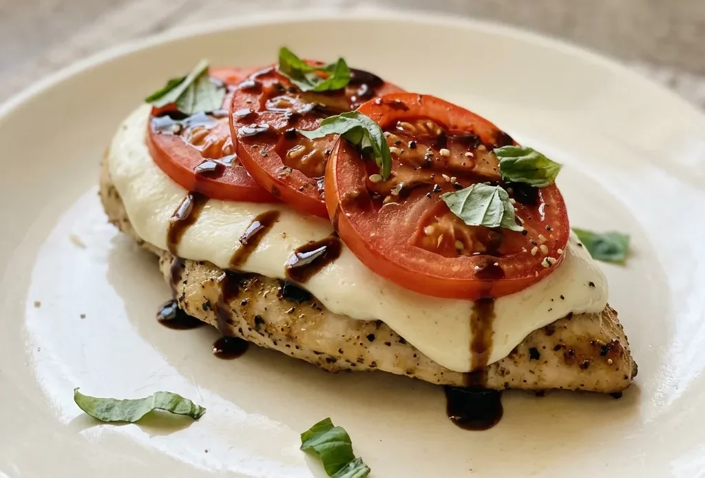 Overhead shot of a chicken breast topped with mozzarella, tomato slices, and basil leaves, drizzled with balsamic vinegar.