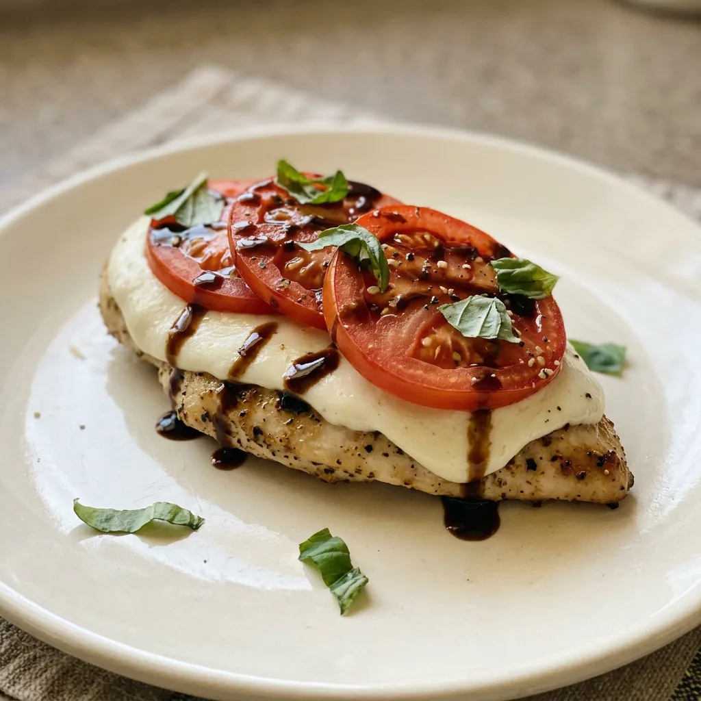 Overhead shot of a chicken breast topped with mozzarella, tomato slices, and basil leaves, drizzled with balsamic vinegar.