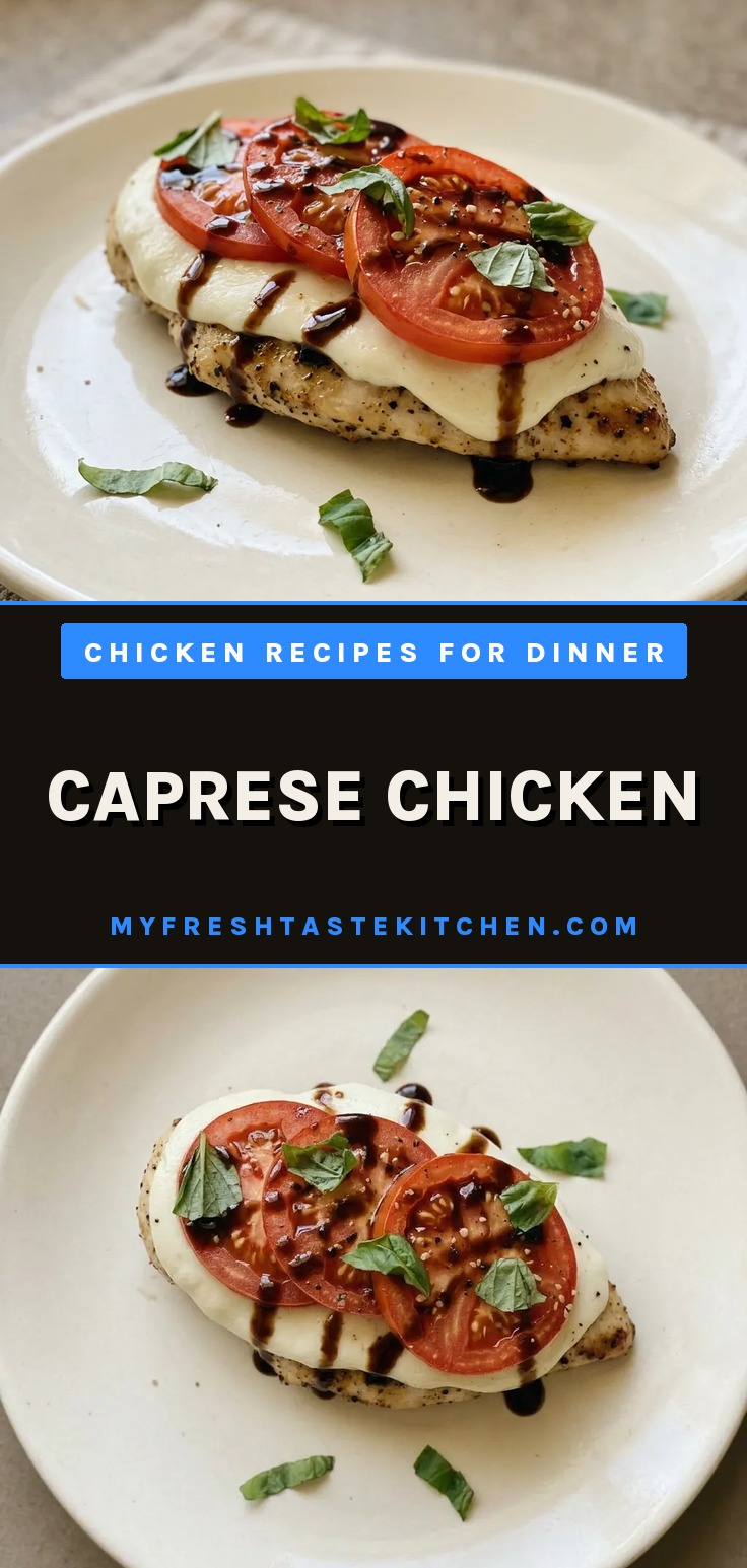 Overhead shot of a chicken breast topped with mozzarella, tomato slices, and basil leaves, drizzled with balsamic vinegar.