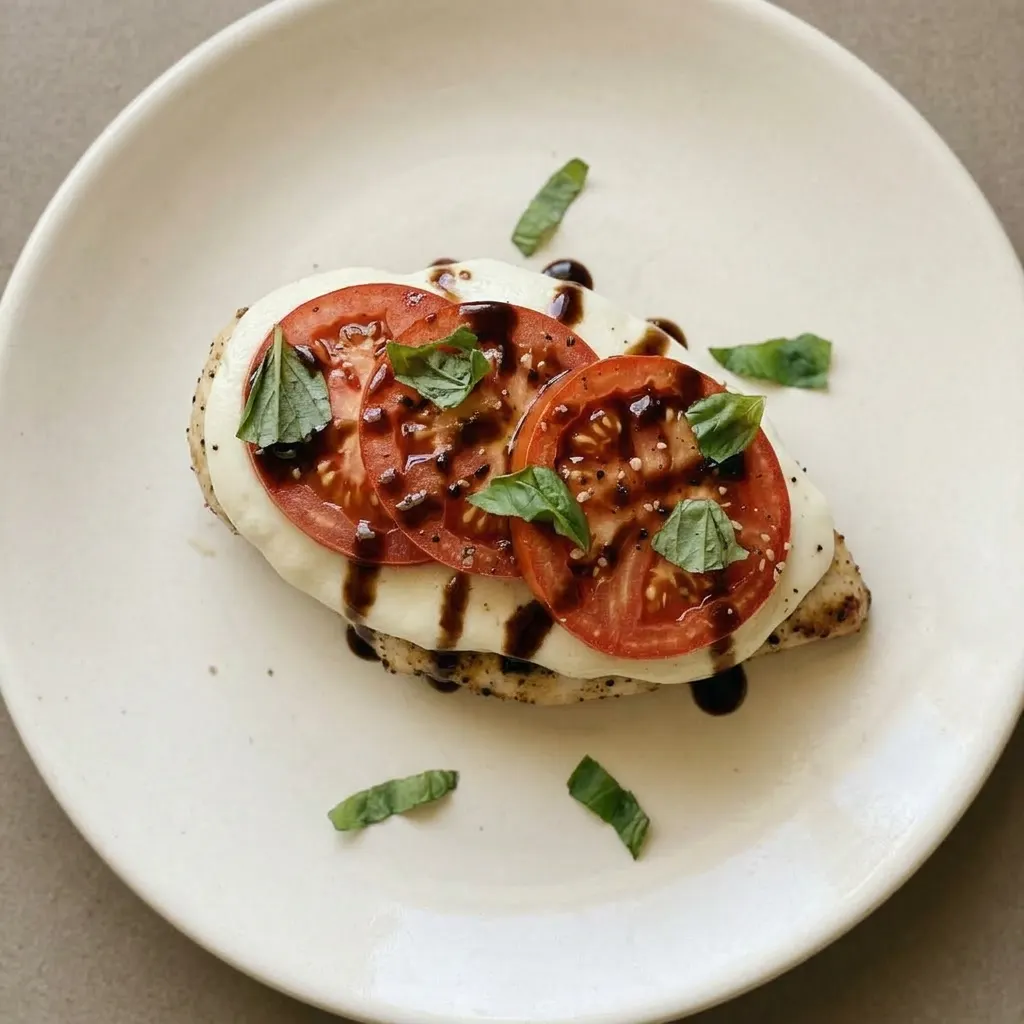 Plated chicken breast with melted mozzarella, sliced tomato, and fresh basil, finished with a balsamic reduction.