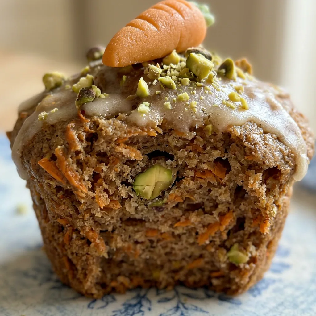 Close view of a muffin with orange icing, a marzipan carrot, and pistachio pieces.