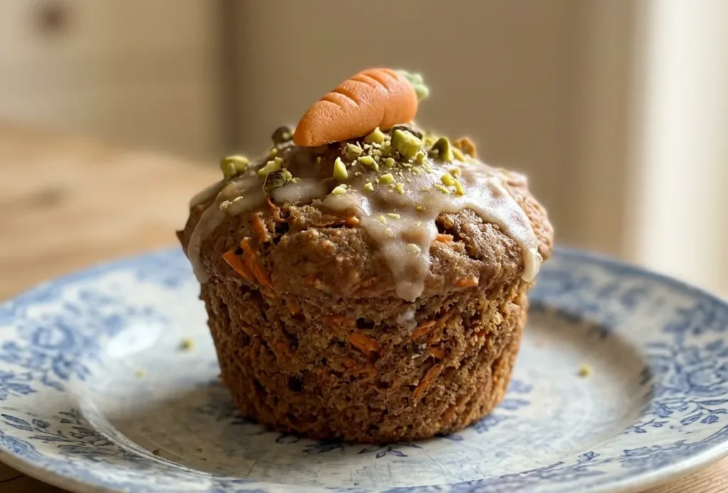 Overhead shot of carrot muffins topped with white icing, marzipan carrots, and chopped pistachios.