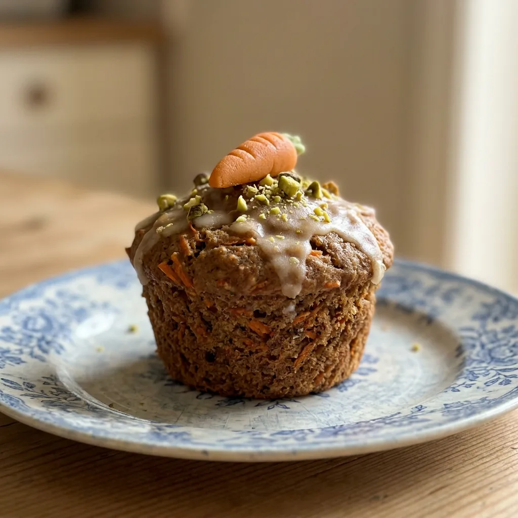 Overhead shot of carrot muffins topped with white icing, marzipan carrots, and chopped pistachios.