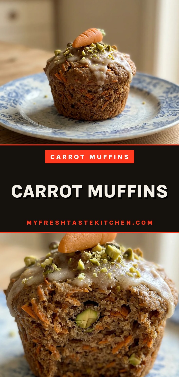 Overhead shot of carrot muffins topped with white icing, marzipan carrots, and chopped pistachios.