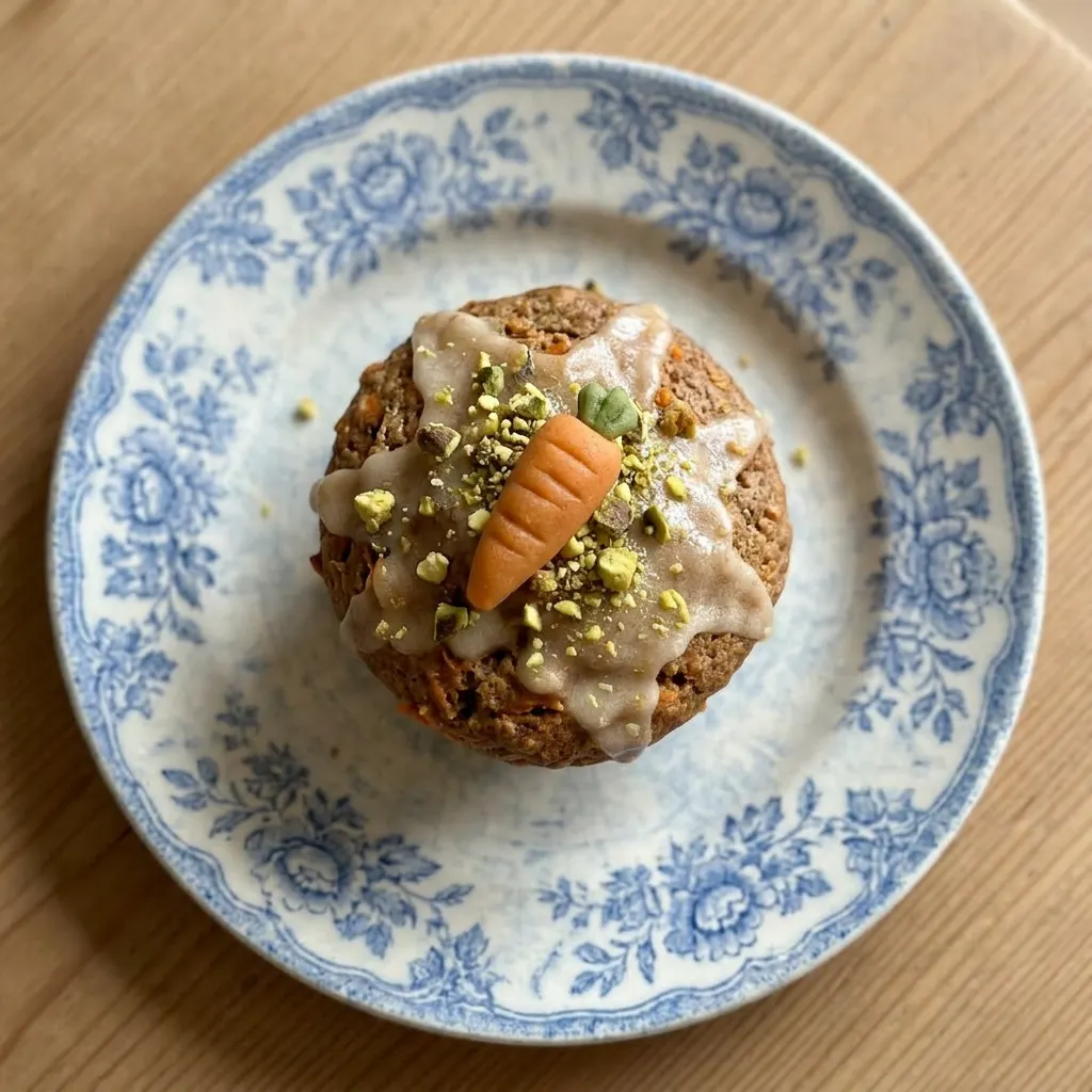 Plated muffin with lemon-orange glaze, marzipan carrot, and pistachio garnish.