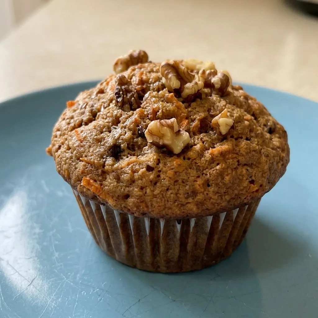 Close view of a muffin crumb revealing shredded carrots, flaxmeal, and whole wheat flour texture.