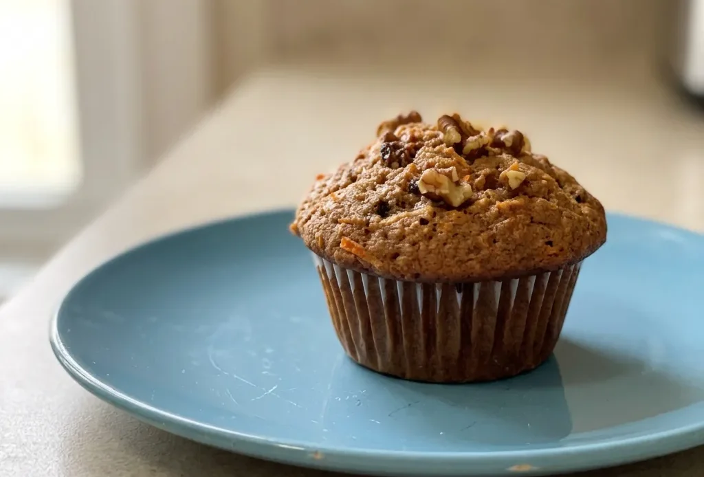 Overhead shot of a sliced muffin with visible carrot flecks, flaxmeal, and spices on a white plate.