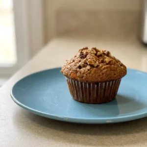 Overhead shot of a sliced muffin with visible carrot flecks, flaxmeal, and spices on a white plate.