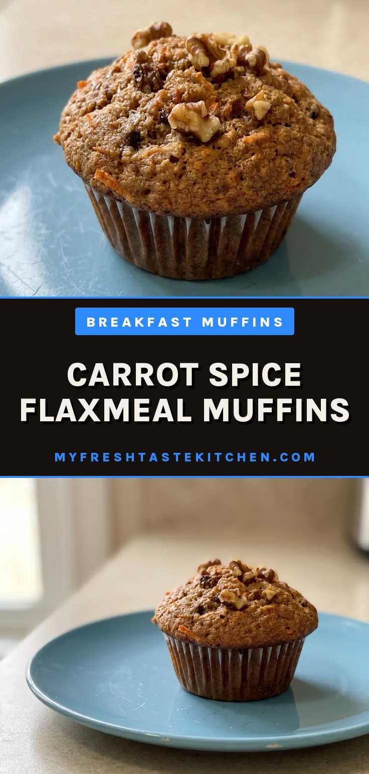 Overhead shot of a sliced muffin with visible carrot flecks, flaxmeal, and spices on a white plate.