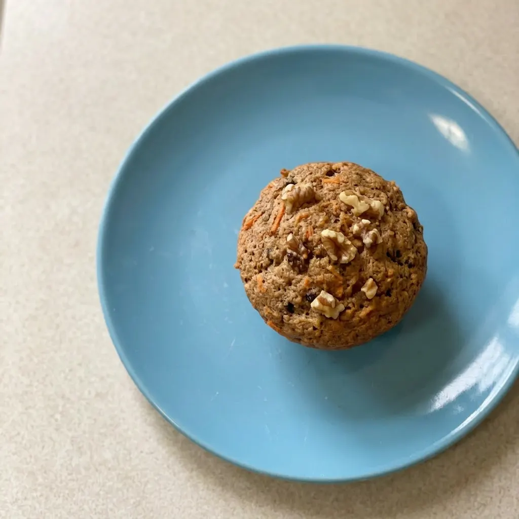 Plated muffin topped with a swirl of applesauce and a sprinkle of cinnamon.