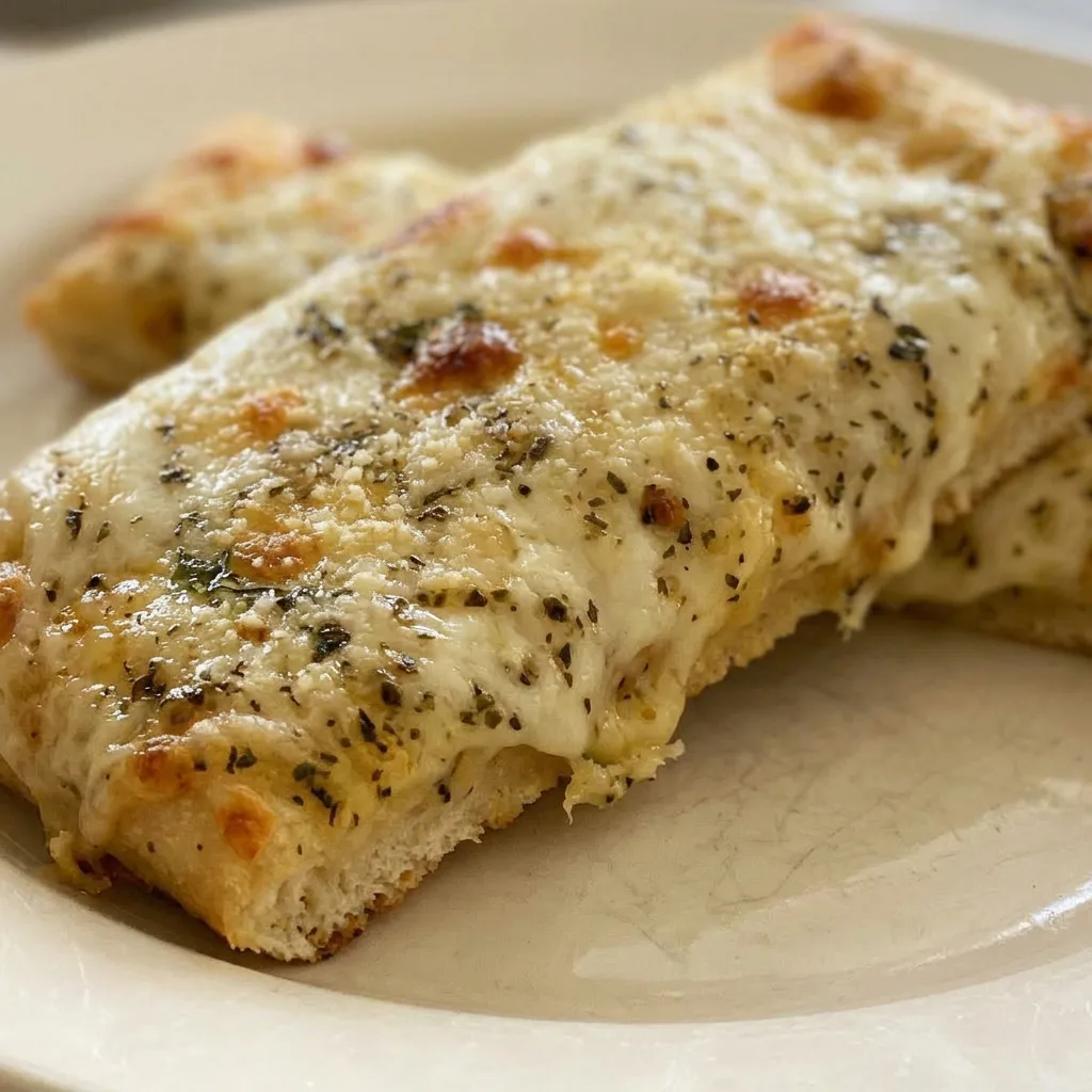 Macro detail of a cheese breadstick showing golden crust, melted mozzarella, Parmesan specks, garlic butter, and herb flecks.