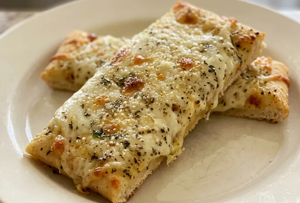 Top-down look at cheese breadsticks arranged in a row, topped with melted mozzarella, Parmesan, basil, and oregano.