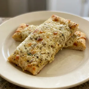 Top-down look at cheese breadsticks arranged in a row, topped with melted mozzarella, Parmesan, basil, and oregano.